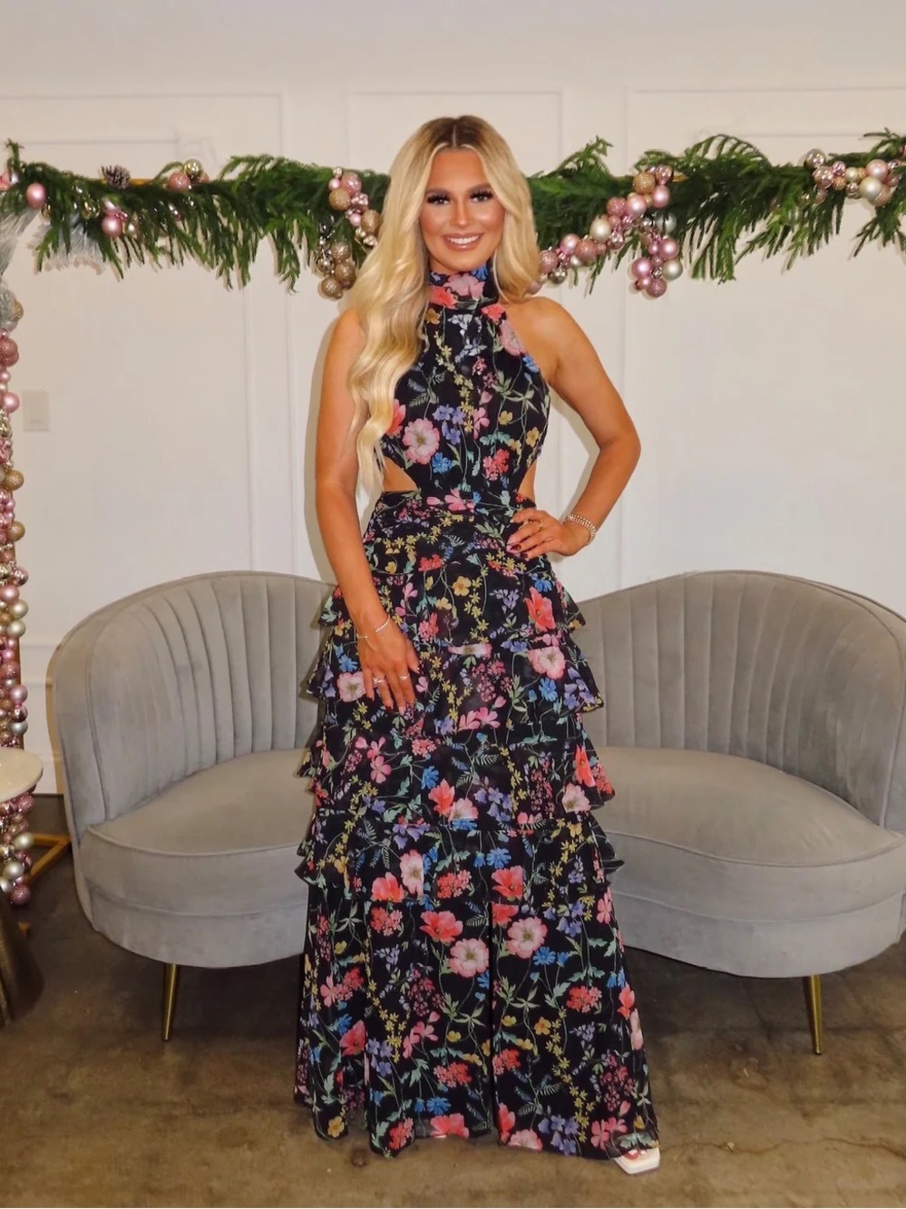 Floral Cutout Halter Tiered Maxi Dress - Black Floral